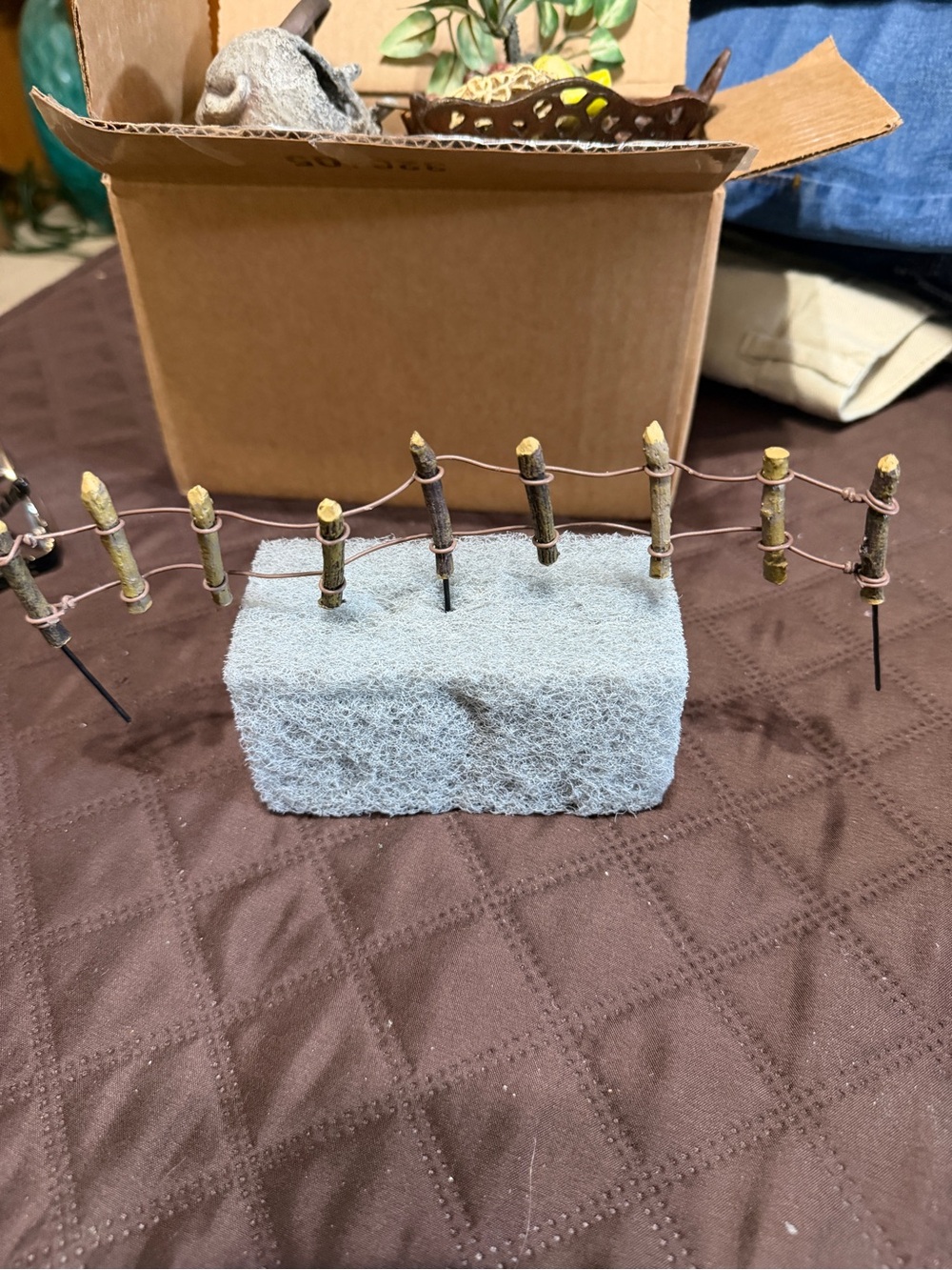 Miniature Rustic Wire and Twig Fence Accent with Gray Foam Base
